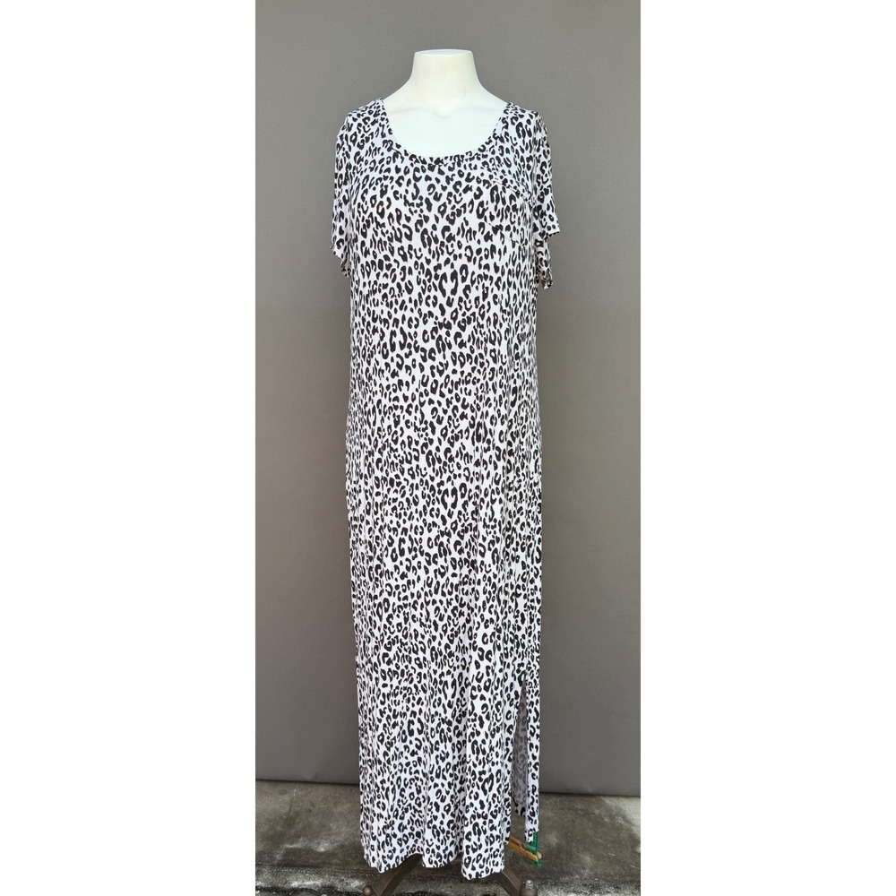 Soma Leopard Print Maxi Sleep Dress L White Black Animal Short Sleeve Loungewear
